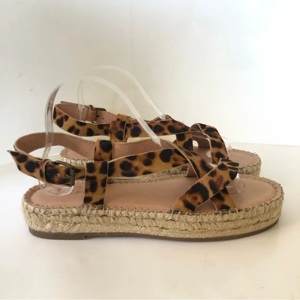Madewell Malia Asymmetric Leopard Leather Calf Hair Espadrille Sandal Size 91/2